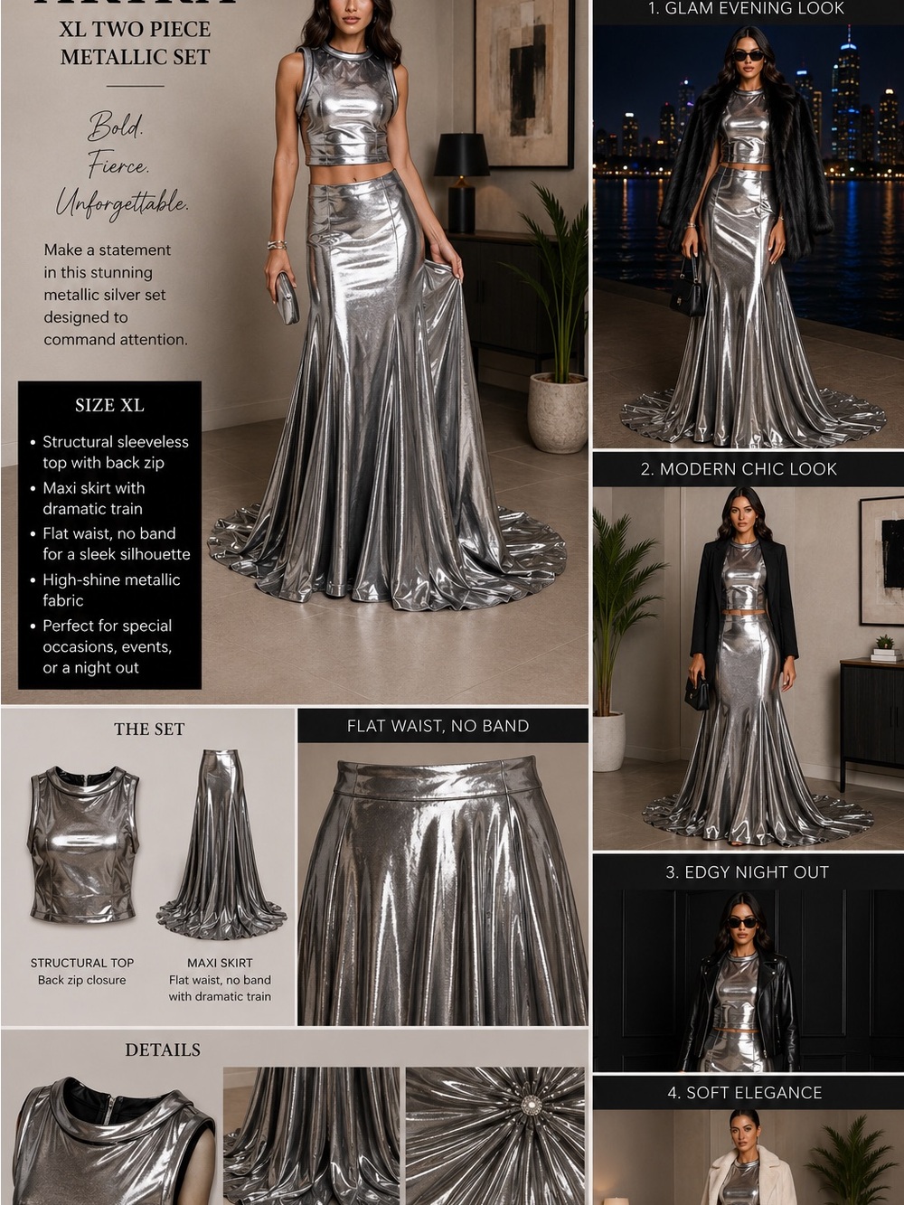 AKIRA Metallic Silver Sleeveless Crop Top & Maxi Skirt Set